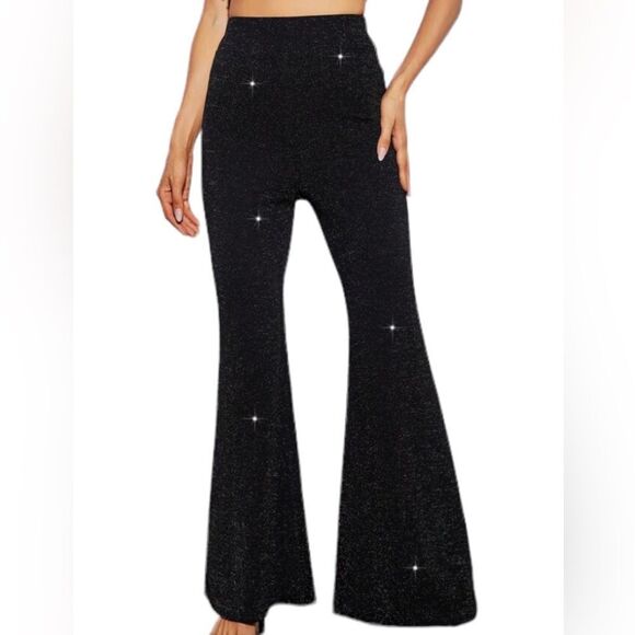 SHEIN NEW PRIVE ALL OVER GLITTER FLARE LEG PANTS BLACK  LARGE HOLIDAYS PARTY - Picture 4 of 6